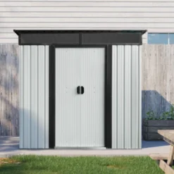 Syemin Storage Sheds 6ft X 5ft Outdoor Metal Storage Shed With Lockable Sliding Doors And Transparent Plate For Garden, Lawn, Black, 72.5"*55.75"*71" -Furniture GUEST 9703bab6 7529 4169 9951 1c6825d7dfd4