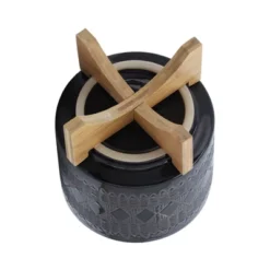 Syemin Planters Ceramic Planter On Wood Stand, Decorative Plant Pots For Living Room, Garden, Balcony, Home Decor, Black 12"*12"*13"