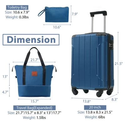 Syemin Bag And Luggage Sets Hardshell Luggage Sets 3 Piece Carry-on Suitcases With Wheels Durable Travel Luggage, Blue, 13.8"*21.5"*8.3" 1 Syemin Bag And Luggage Sets Hardshell Luggage Sets 3 Piece Carry-on Suitcases With Wheels Durable Travel Luggage, Blue, 13.8"*21.5"*8.3"