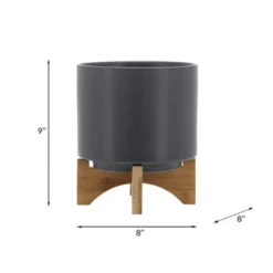Syemin Planters Planter With Wood Stand For Indoor And Outdoor Round, Garden Decor, Decorative Plant Pots, Balcony, Matte Gray 12"*12"*13" -Furniture GUEST 9bfa502d 6ca1 4abb a88a d8e5c54154d7