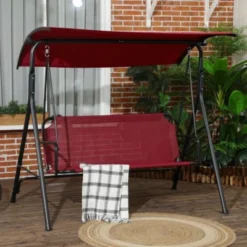 Syemin Patio Swings Outsunny 3-Person Porch Swing Bench With Stand Adjustable Canopy, Armrests, Steel Frame For Patio, Red, 67.75"*43.25"*60.25"