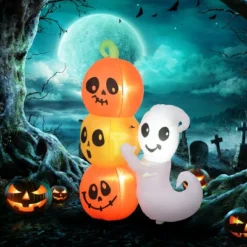 Syemin Decorative Holiday Scene Props Inflatable Halloween Decoration Ghost And Pumpkin Blow Up Outdoor Yard Display, Orange, 45.3"*23.6"*59.1"