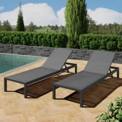 Syemin Patio Chaise Lounges Set Of 2, Adjustable Outdoor Lounge Chairs For Pool, Deck, Beach,, Gray, 77.5"*25.25"*11.75"