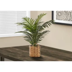 Syemin Artificial Plant Palm Indoor Faux Fake Table Floor Greenery Potted Real Touch Decorative Green Leaves Beige Woven Basket, Green, 25"*23"*24"
