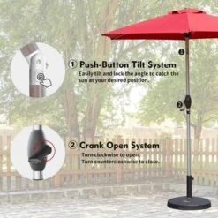 Syemin Outdoor Patio Umbrella With 6 Sturdy Ribs, Push Button Tilt And Crank, Waterproof, UV-Resistant, Brick Red, 90"*90"*86.64" -Furniture GUEST b0174a92 2f78 4a4a aeec 365b63526503