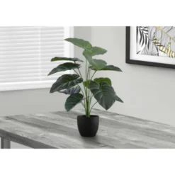 Syemin Artificial Plant Alocasia Indoor Faux Fake Table Greenery Potted Real Touch Decorative Green Leaves Black Pot, Green, 20"*20"*23.5"