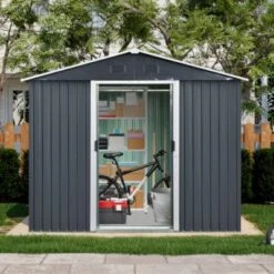 Syemin Storage Sheds 8ft X 4ft Outdoor Metal Storage Shed With Roof Waterproof Sliding Door For Backyard, Patio, Lawn, Black, 89"*47"*74.75" -Furniture GUEST c108f211 53ce 415f 9b71 d10c8c23b0da