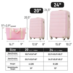 Syemin 3 PCS Bag And Luggage Sets, With Spinner Wheels And Zippers Lightweight Suitcase, For Business Trips And Travel, Pink, 15.8"*10.2"*24.5"