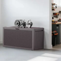 Syemin Deck Boxes 90gal Outdoor Garden Plastic Storage Deck Box Waterproof Deck Box Outdoor Lockable Storage Container, Brown, 45.67"*19.5"*23.23"