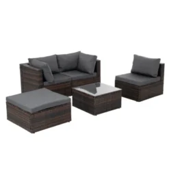 Syemin 5PCS Patio Seating Rattan Furniture Set Sectional Sofa Cushioned Garden, Tempered Glass Table, Grey, 28.94"*28.55"*24.8" -Furniture GUEST d0c3677e d5bb 4e14 9af3 2f4a58bca37f