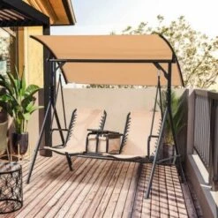 Syemin Patio Swings Outsunny 2-Seat Patio Swing Chair, Outdoor Canopy Swing Glider With Storage Table, Adjustable Shade, Beige, 69.25"*43.25"*64.5"