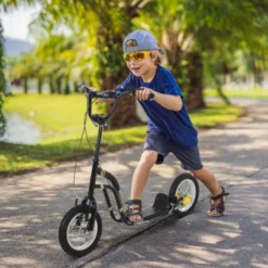 Syemin Kick Scooters Youth Scooter Front And Rear Caliper Dual Brakes Inflatable Front Wheel Ride On Toy For Age 5+, Black, 47.3"*22.8"*33.5"