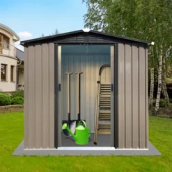 Syemin Storage Sheds Outdoor Lockable Door Storage Sheds 6ftx4ft Apex Roof Brown With Sliding Doors Roof Waterproof, Brown, 74"*42.5"*72"