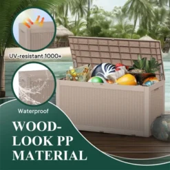 Syemin Deck Box 120GAL Outdoor Storage Box Patio Gardening Tools, Water And UV Resistant For Patio Garden Lawn, Brown, 48"*21.5"*25.6" -Furniture GUEST e2c3aff8 fbb2 413a 8fc8 2f89ece8bf12