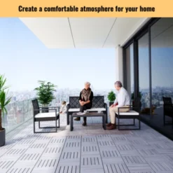 Syemin Carpet Tiles 20 PCS Interlocking Deck Tiles Striped Pattern, Square Hardwood Outdoor Flooring For Patio, Pool Side, Gray, 12"*12"*0.75"