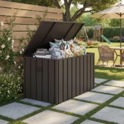 Syemin Deck Boxes Garden Large Patio Storage, For Furniture, Outside Cushions And Garden Tools, Bench, Easy To Assemble，Brown, 49.41"*24.69"*23.43"