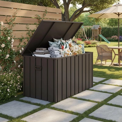 Syemin Deck Boxes Garden Large Patio Storage, For Furniture, Outside Cushions And Garden Tools, Bench, Easy To Assemble,Brown, 49.41"*24.69"*23.43" 1 Syemin Deck Boxes Garden Large Patio Storage, For Furniture, Outside Cushions And Garden Tools, Bench, Easy To Assemble,Brown, 49.41"*24.69"*23.43"