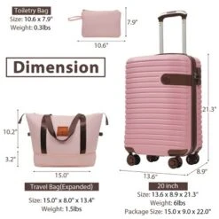 Syemin Luggage Luggage 20 Inch Sets 3 Piece Carry On Luggage Lightweight Hardshell ABS Suitcases With Wheels, Pink, 13.6"*9"*21.3"