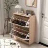 Syemin Shoe Racks Wooden Shoe Cabinet For Entryway, Freestanding Shoe Storage Organizer, Shoe Storage Cabinet For Entryance, Beige, 24.4"*9.45"*31.5"