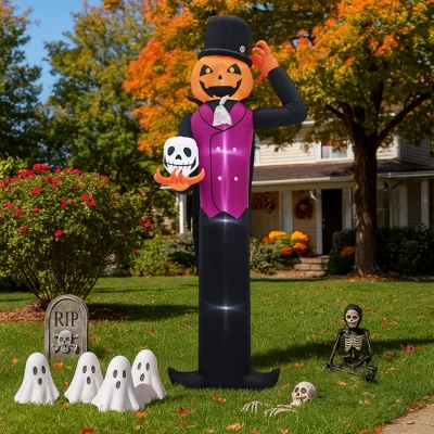 Syemin Inflatable Holiday Decorations 12FT Giant Halloween Inflatable Blow Up Decorations, Pumpkin Man Holding Skull, Multicolored, 30"*30"*72" 1 Syemin Inflatable Holiday Decorations 12FT Giant Halloween Inflatable Blow Up Decorations, Pumpkin Man Holding Skull, Multicolored, 30"*30"*72"