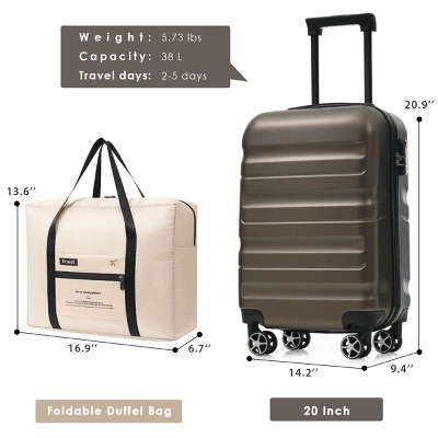 Syemin Luggage 20" Hardshell ABS Carry-On Luggage With Spinner Wheels Lightweight Travel Suitcase Set With Foldable Bag, Brown, 14.2"*9.4"*20.9" 3 Syemin Luggage 20" Hardshell ABS Carry-On Luggage With Spinner Wheels Lightweight Travel Suitcase Set With Foldable Bag, Brown, 14.2"*9.4"*20.9" - Image 3